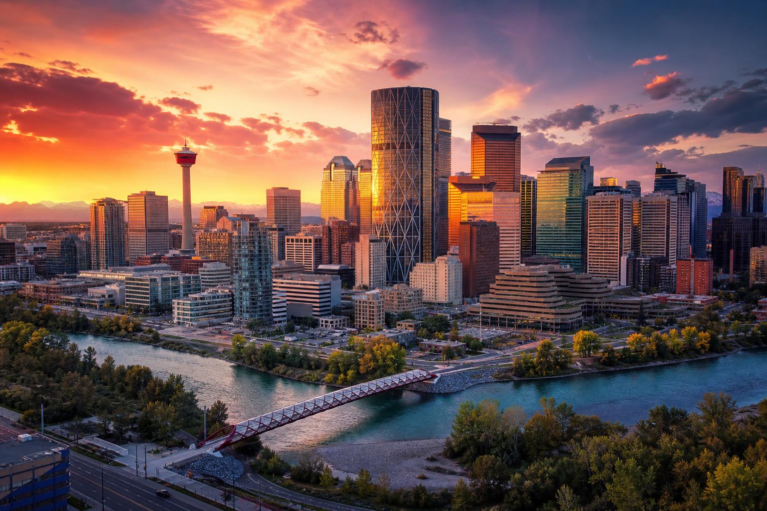 Downtown Calgary skyline at sunset with the Calgary Tower