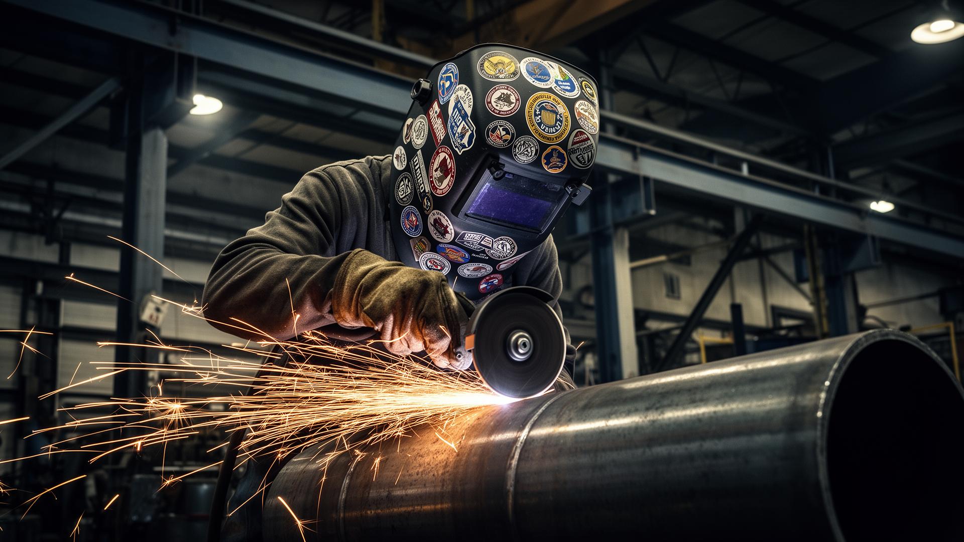 Calgary welder grinding a steel pipe with sparks flying